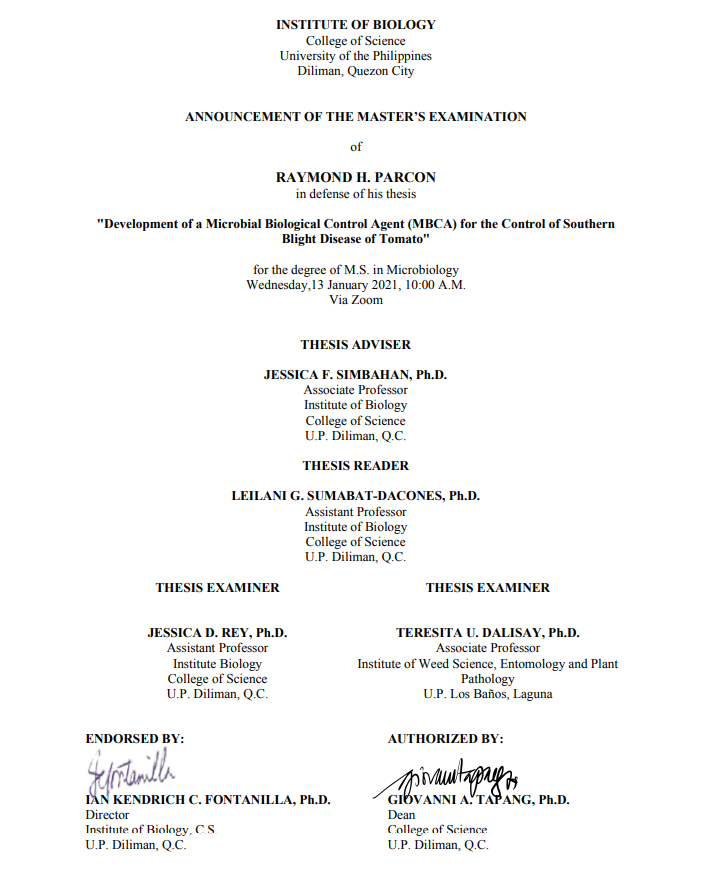 Announcement of the Master’s Examination of Raymond H. Parcon, MS Microbiology Candidate_Poster