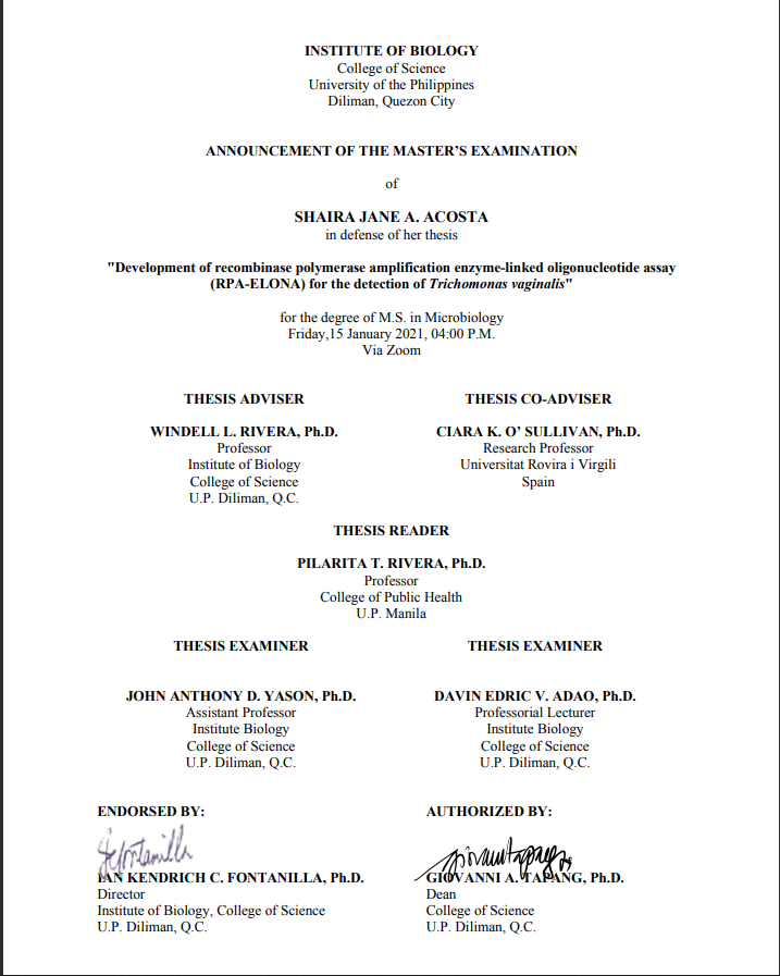 Announcement of the Master’s Examination of Shaira Jane A. Acosta, MS Microbiology Candidate​_Poster
