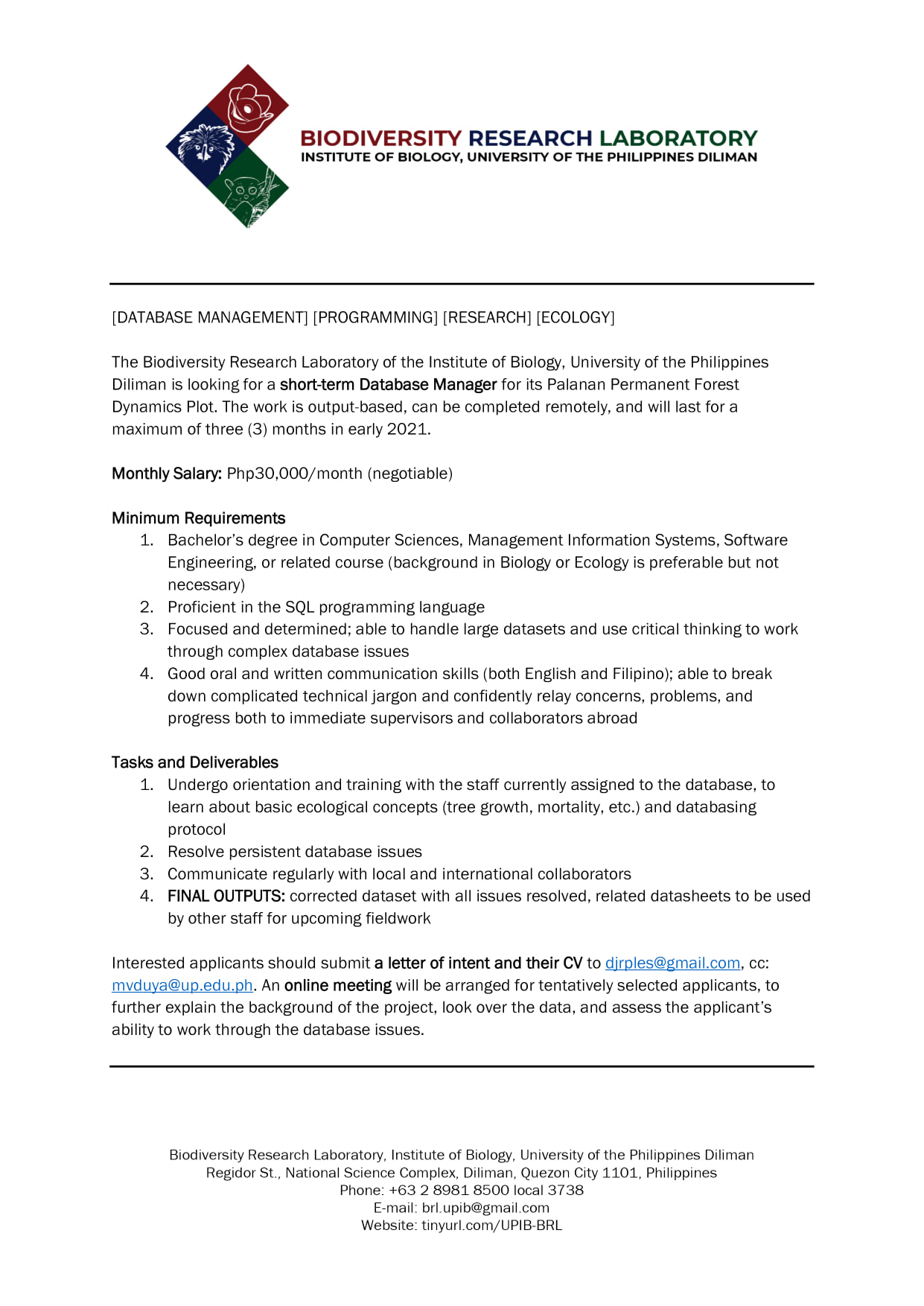 Job Opportunity Short-Term Database Manager_Poster