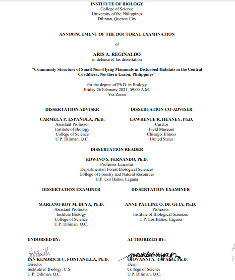 Announcement of The Doctoral Examination of Aris A. Reginaldo, PhD in Biology Candidate_Poster