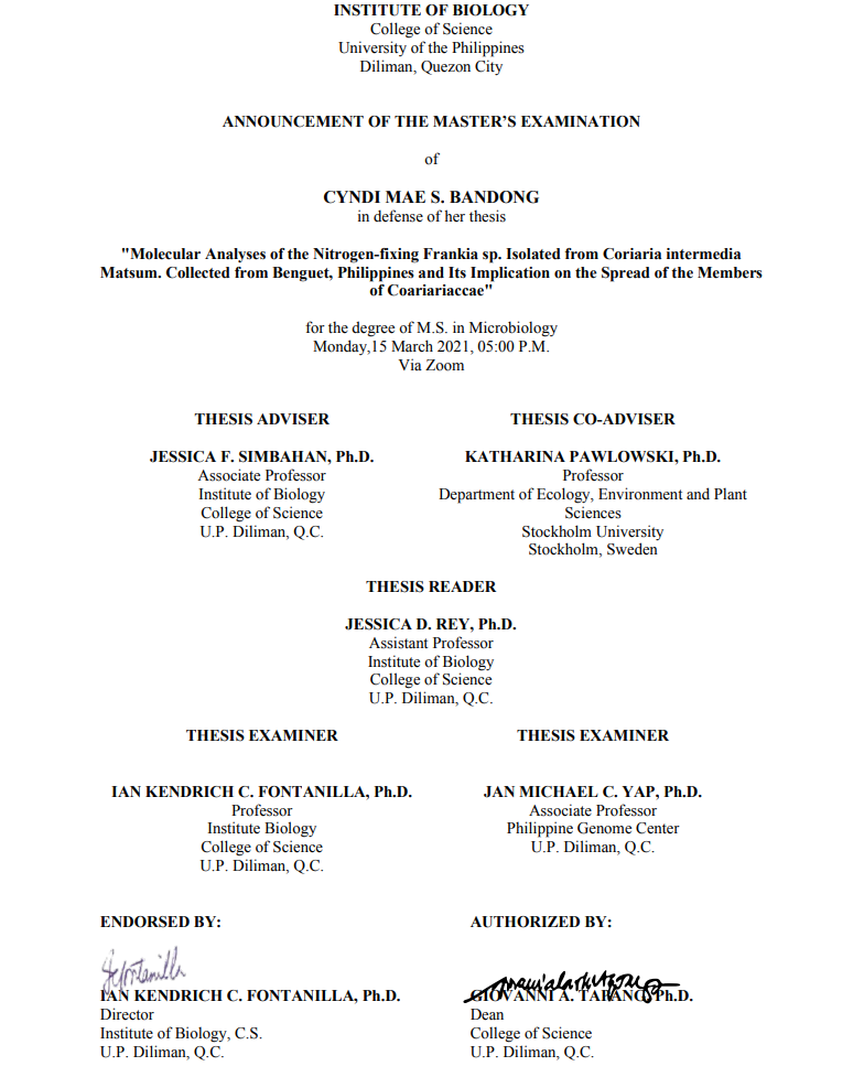 Announcement of The Doctoral Examination of Cyndi Mae Bandong, PhD in Microbiology Candidate_Poster