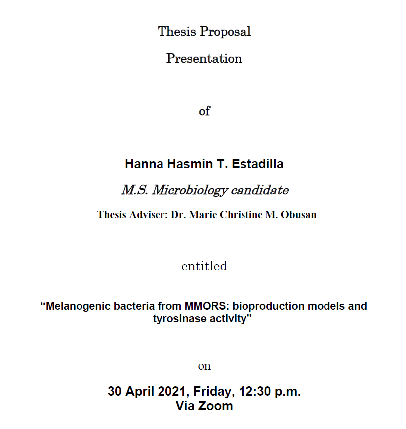 Announcement of Thesis Proposal Presentation of Hanna Hasmin T. Estadilla, MS Microbiology Candidate_Poster