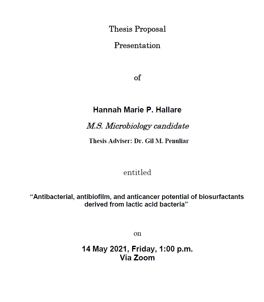 Announcement of Thesis Proposal Presentation of Hannah Marie P. Hallare, MS Microbiology Candidate_Poster