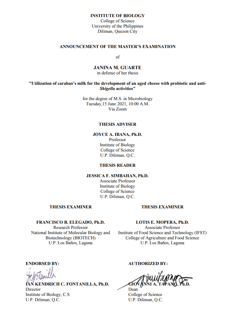 Announcement of The Master's Examination of Janina M. Guarte, MS Microbiology Candidate_Poster