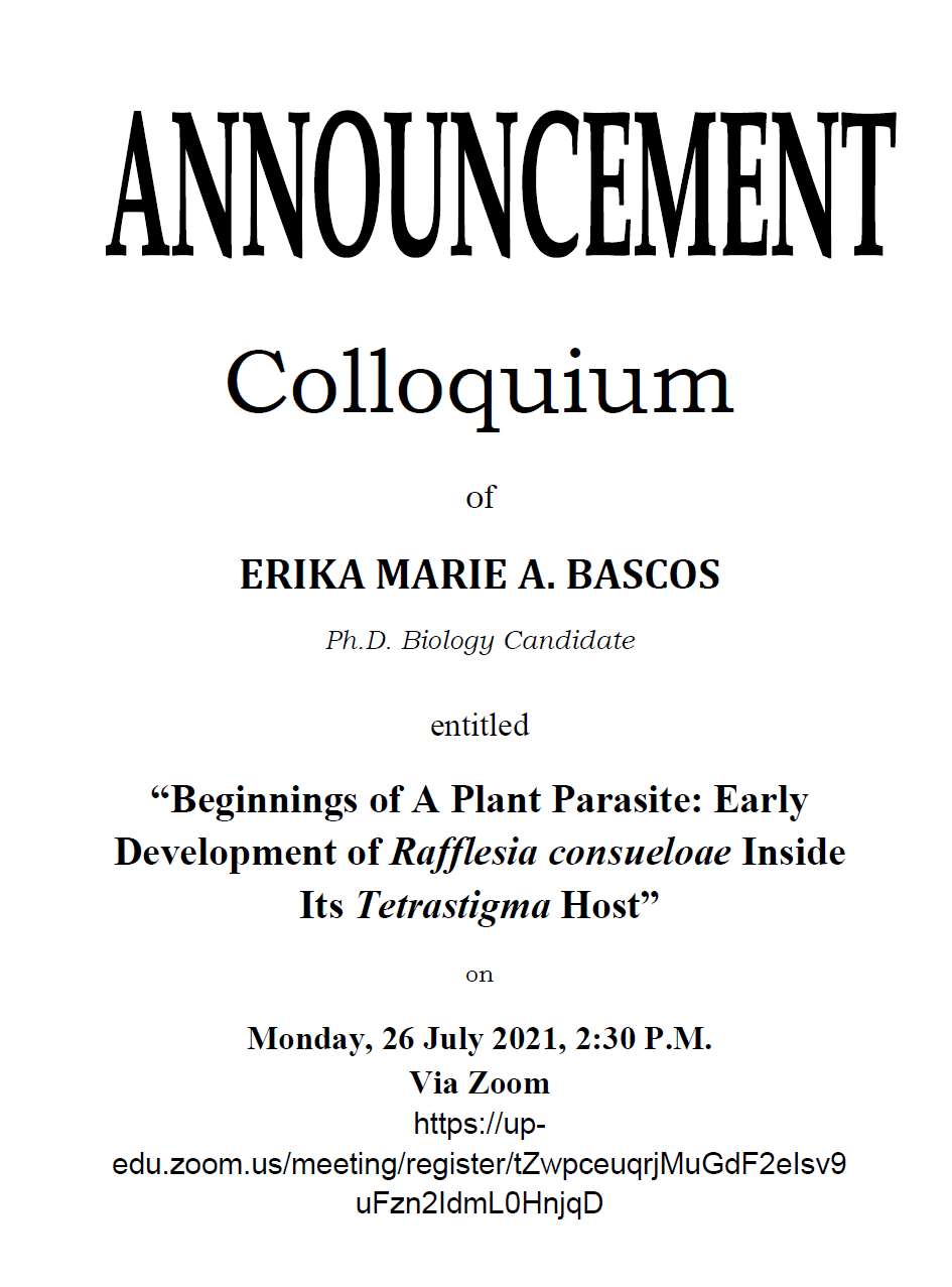 Announcement of the Colloquium of Erika Marie A. Bascos, PhD in Biology Candidate_Poster