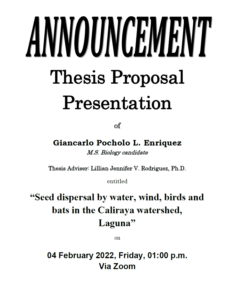 Announcement of Thesis Proposal Presentation of Giancarlo Pocholo L. Enriquez, MS Biology Candidate​_Poster