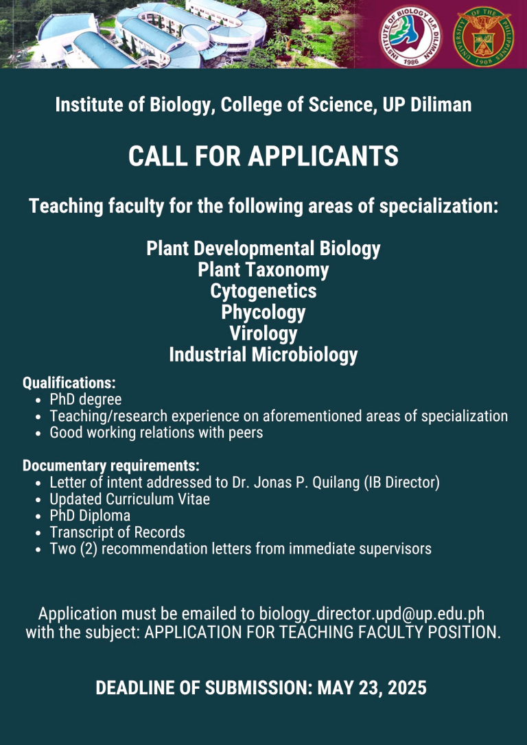 Call For Position Call for Applicants: Teaching Faculty Position – Institute of Biology