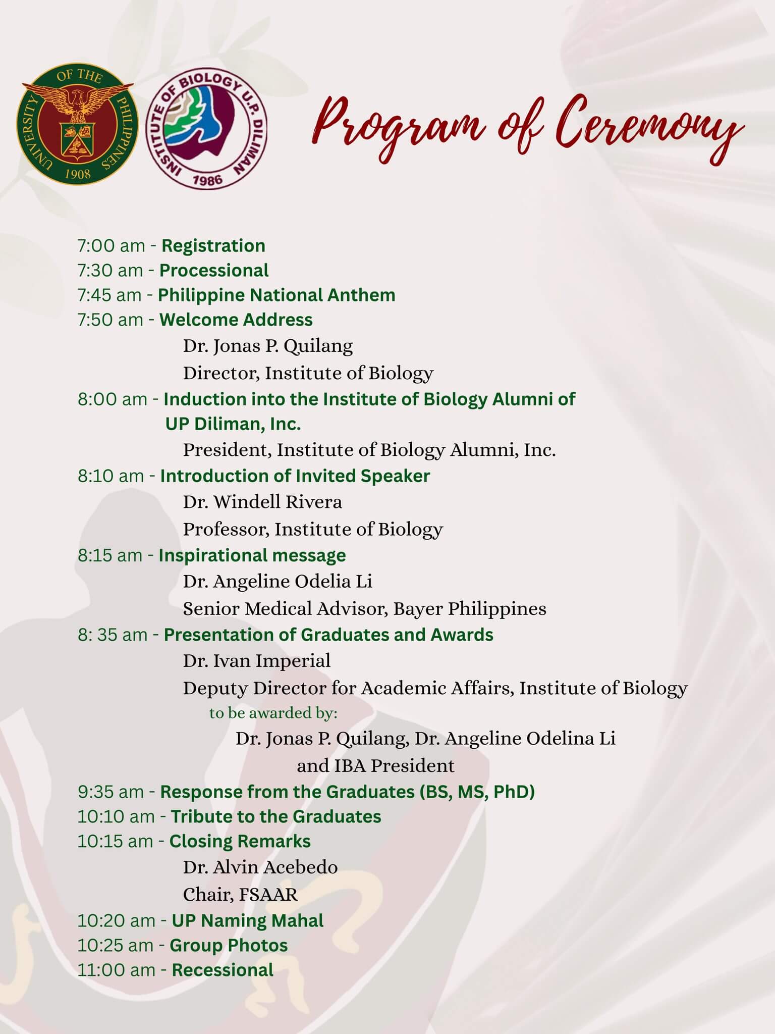 Institute of Biology Recognition Program for the Graduating Class of 2025_Poster1