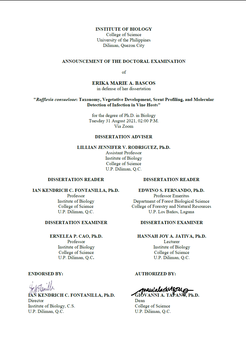 Announcement of the Doctoral Examination of Erika Marie A. Bascos, PhD in Biology Candidate_Poster