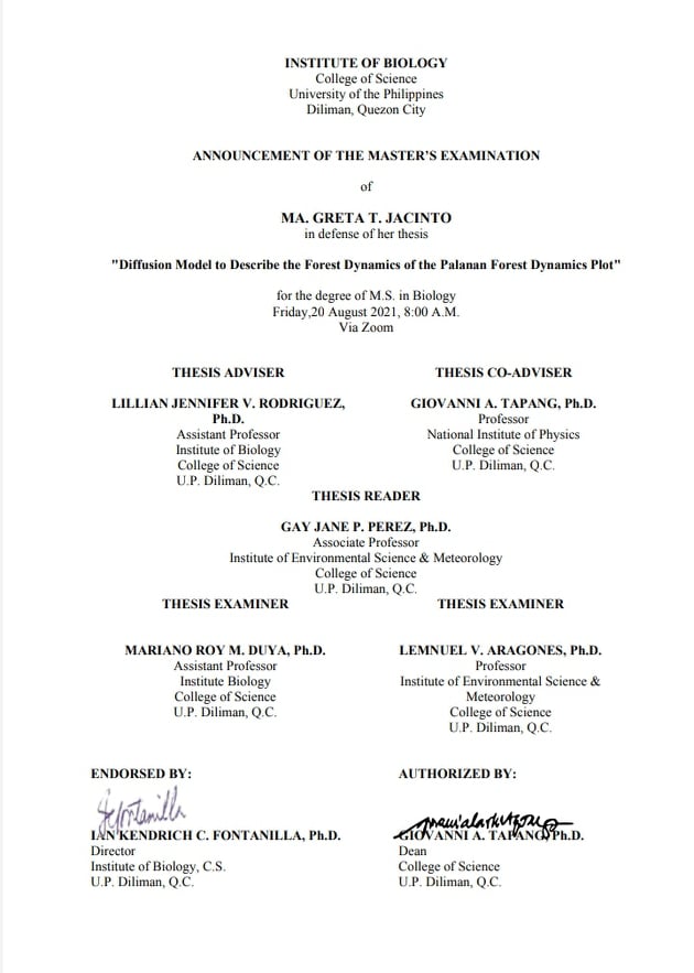 Announcement of the Master's Examination of Ma. Greta T. Jacinto, MS Microbiology Candidate​_Poster